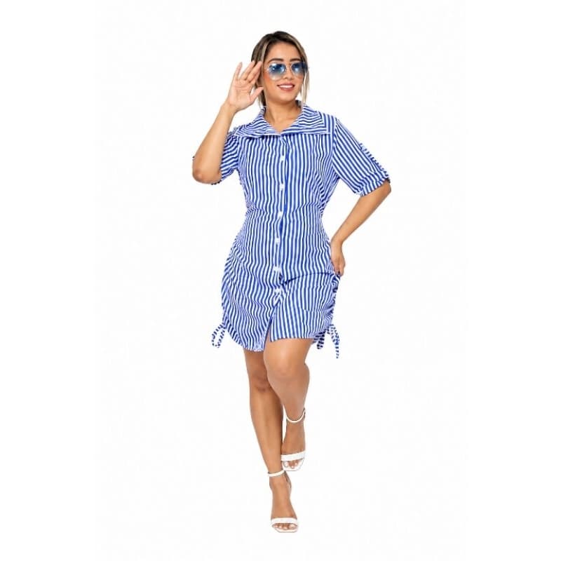 Vestido Feminino Chemise Em Tecido Duna Y Crepinho Manga Curta - Modelos Liso E Listrado