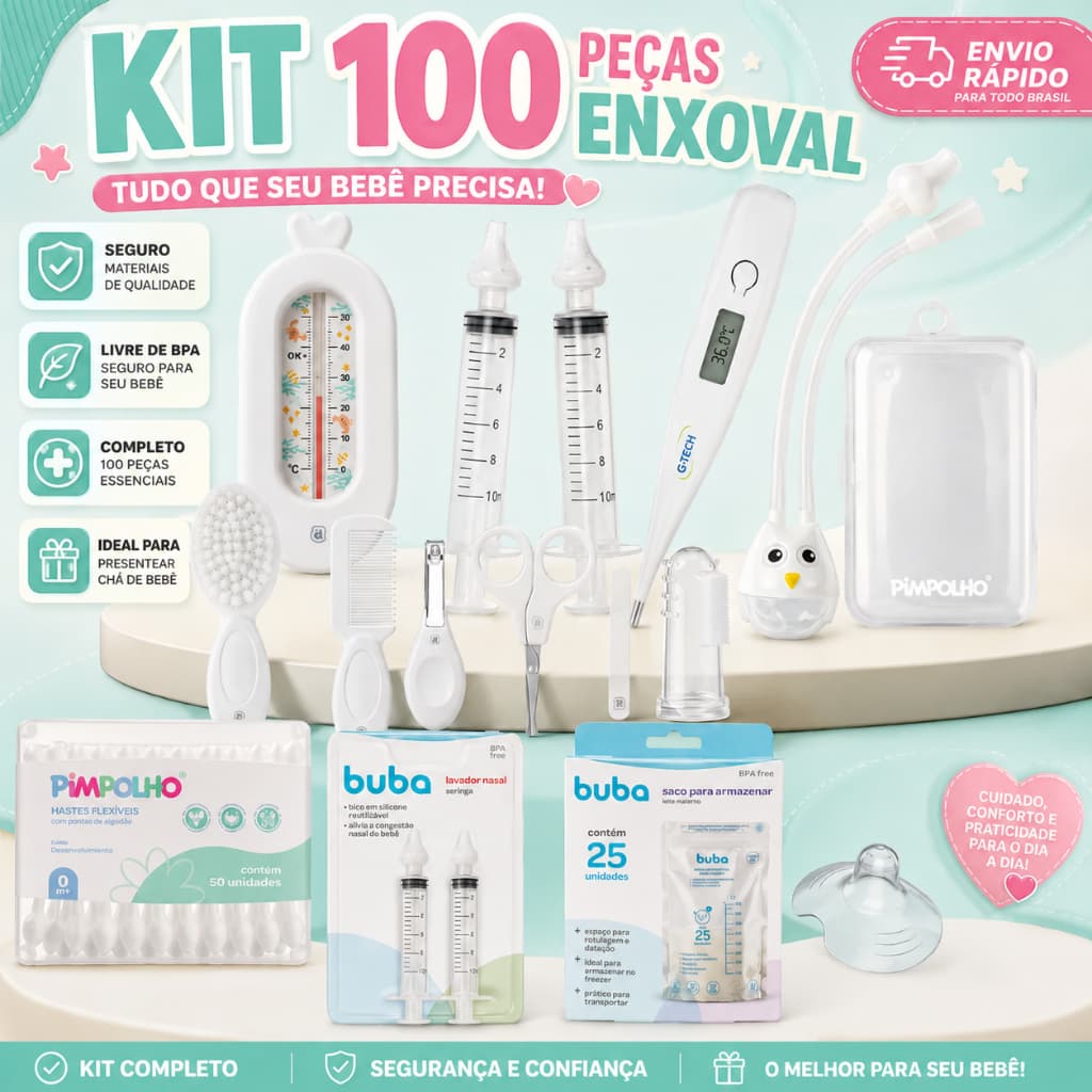 Kit Enxoval Bebê 100 Peças Completo + Higiene e Saúde | Tudo que seu bebê precisa (0 a 6 meses)