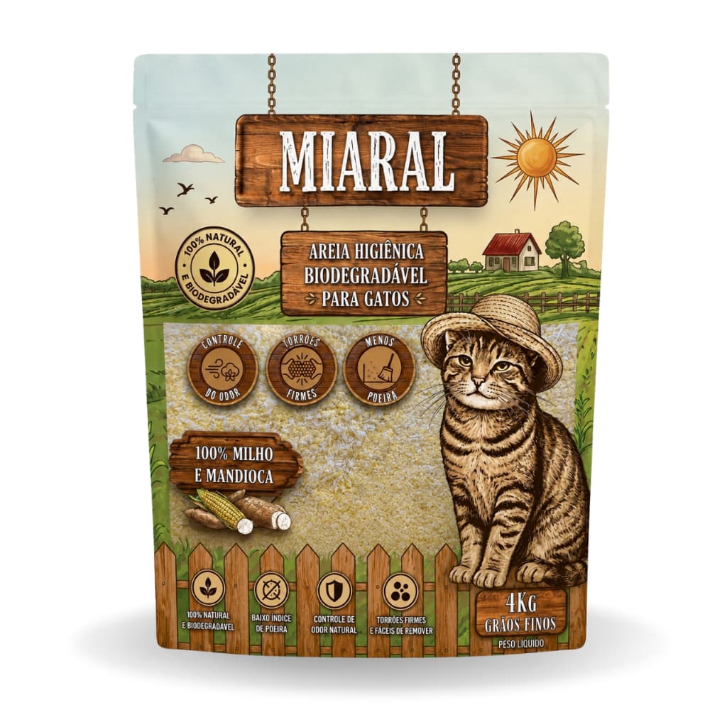 Areia Higiênica Sanitária Para Gatos Biodegradável Miaral Milho e Mandioca Natural Grãos Finos 4Kg