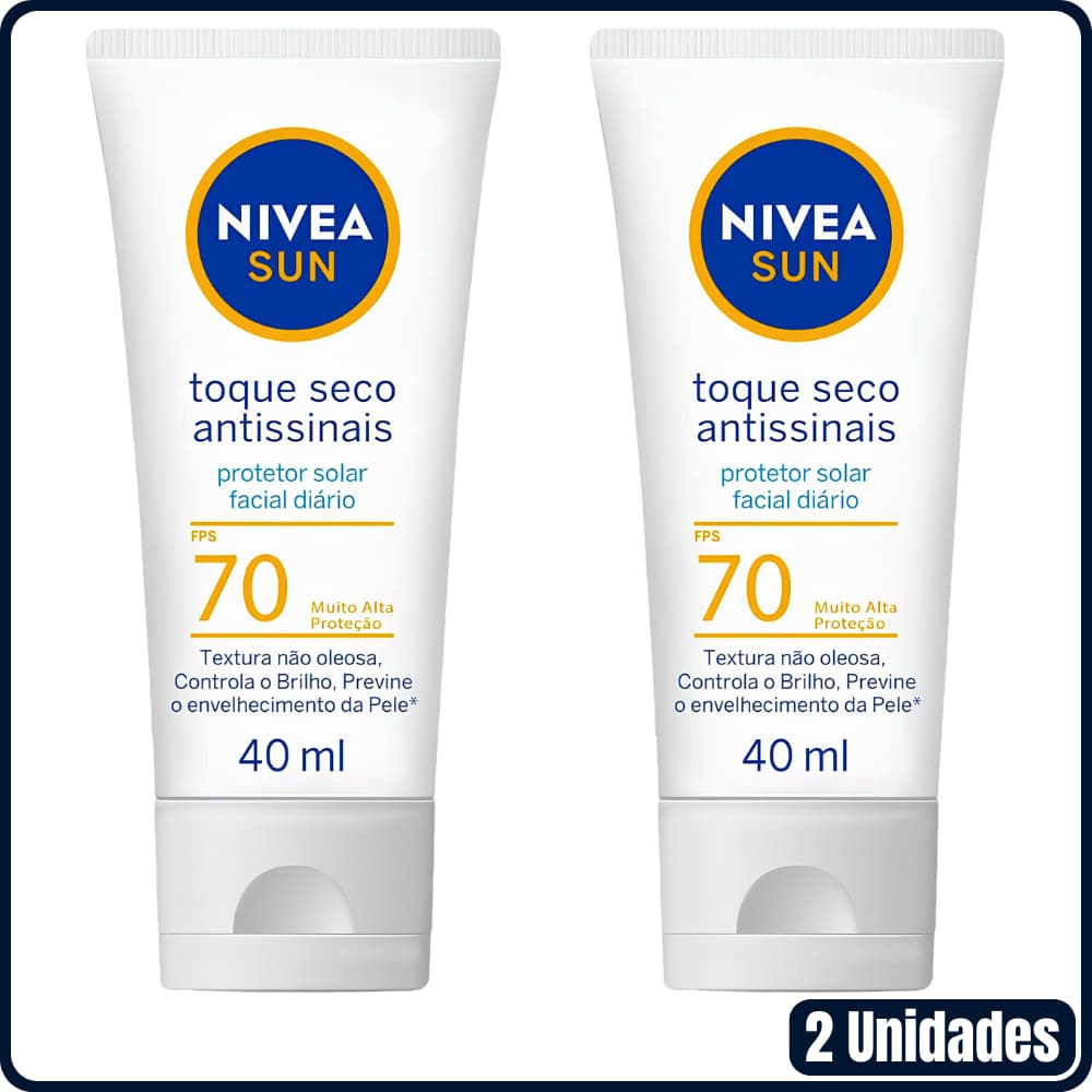 Kit 2 Protetor Solar Facial Sem Cor Toque Seco Antissinais Nivea Sun FPS70 40ml cada