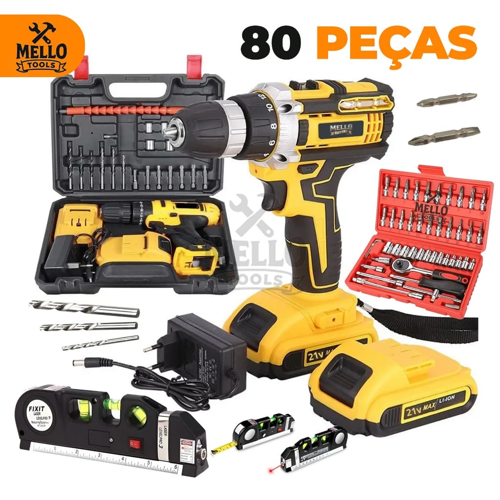 Parafusadeira Furadeira Sem Fio 48V + Kit Jogo Soquete + Nivel a Laser + Trena, Kit Ferramentas Completo Bivolt
