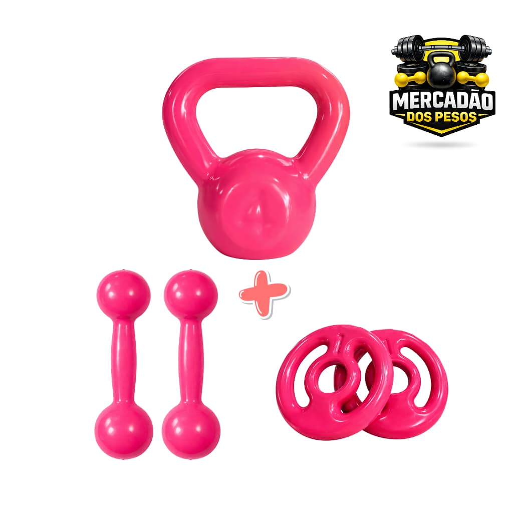 KitTreino em Casa Academia 2 Halter Bola 2 Anilhas 1 Ketlebell Emborrachados Na Cor Rosa