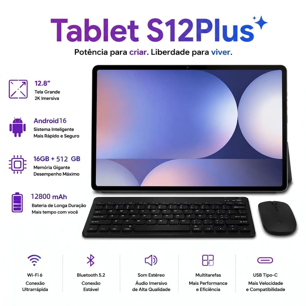 Combo with Keyboard and Mouse Tablet S12 Plus - 12.8" inch 16GB + 512GB Android 15 10000mAh Ideal for Studies and Games