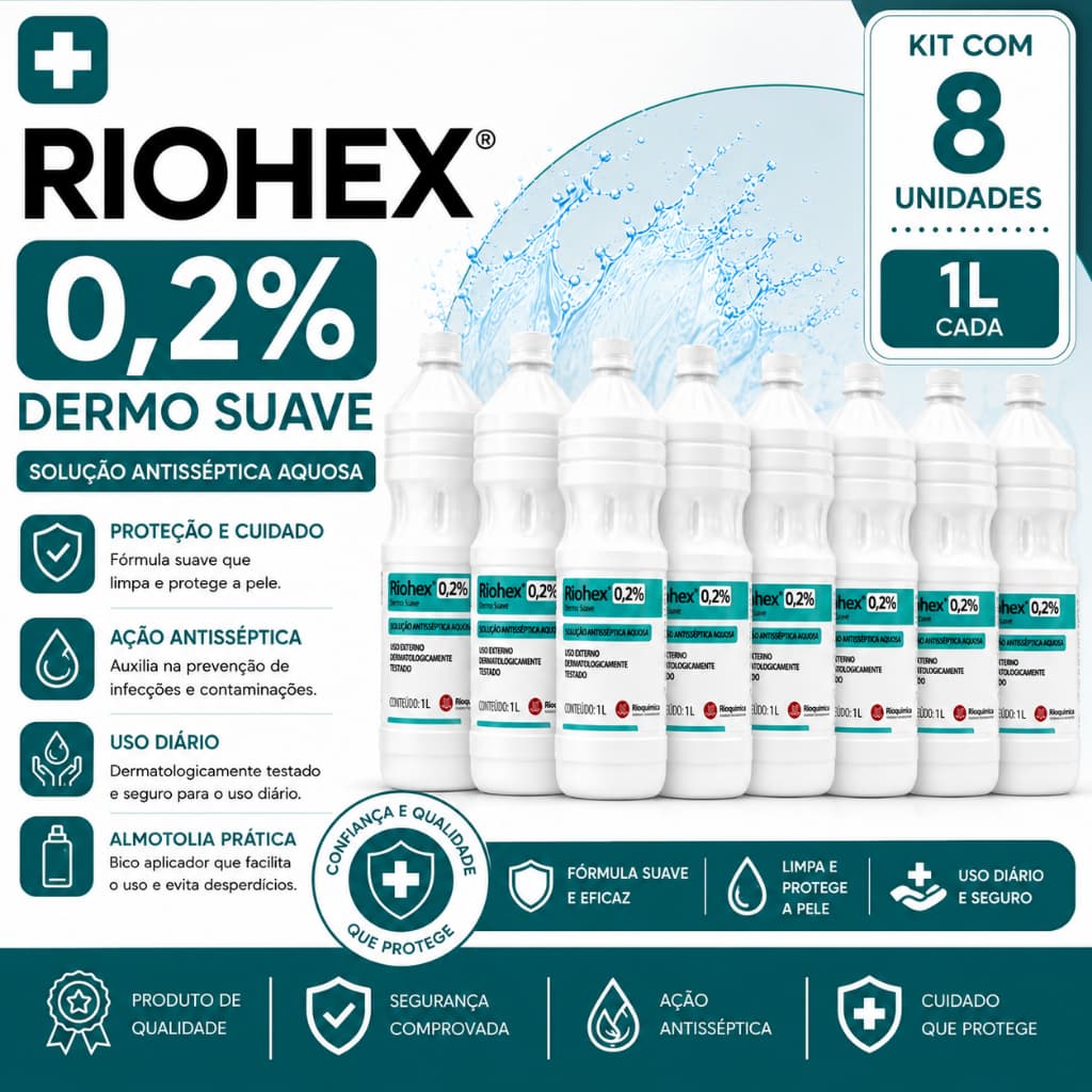 Clorexidina 0,2% Riohex Solução Aquosa 1 Litro C/8 Unidades - Rioquímica