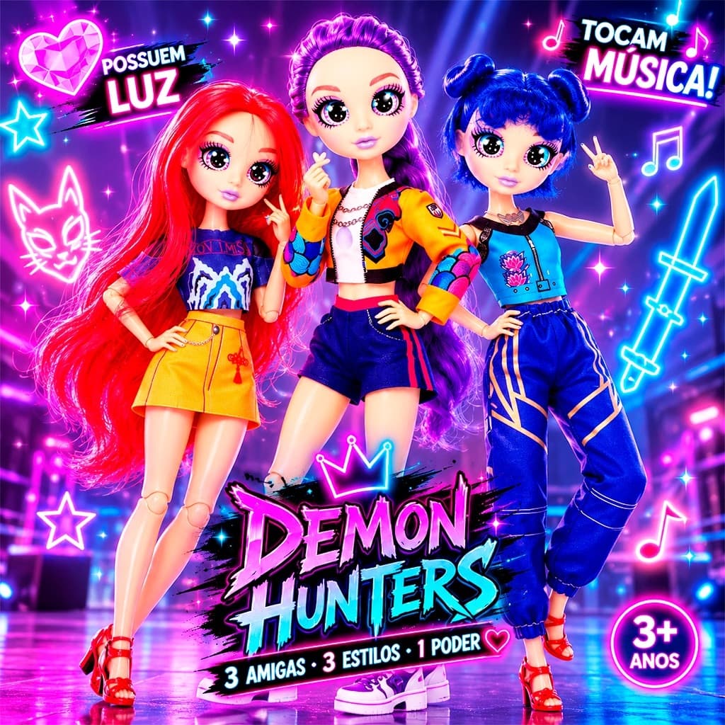 Kit 03 Boneca KPop Musical Articulada Guerreiras Mira Rumi Zoey Acessórios Luz e Som