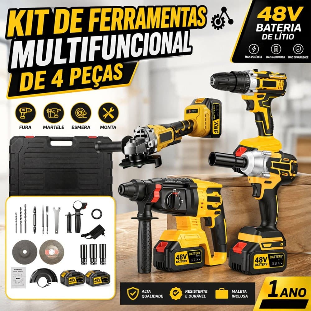 Kit Multifuncional 4 em 1 48V Furadeira Parafusadeira Esmerilhadeira Chave de Impacto Sem Fio com Baterias