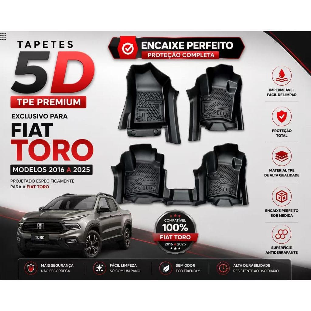 Tapete Bandeja Automotivo TPE 5D Sob Medida FIAT TORO (2016 A 2026) – Resistente, Lavável e Antiderrapante