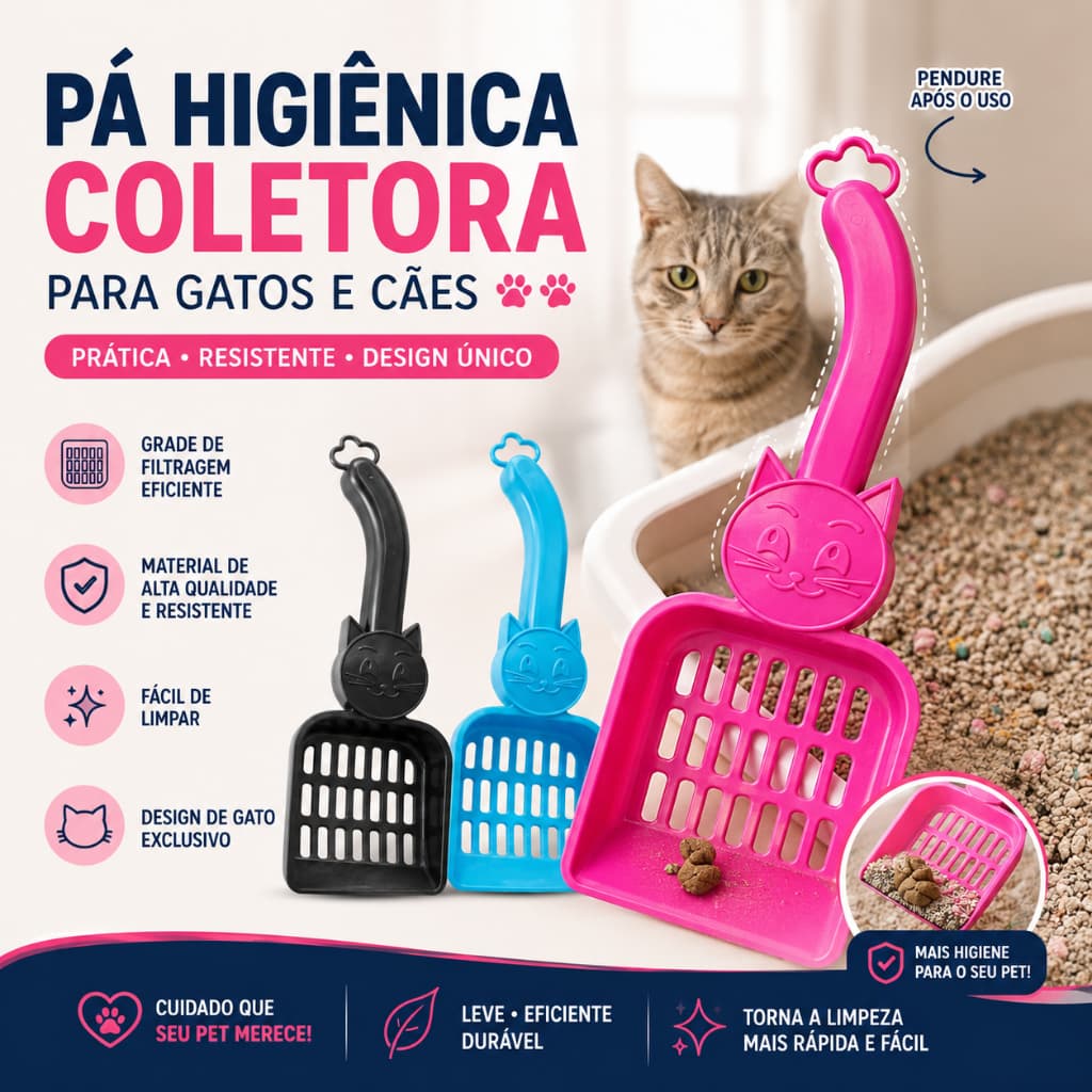 Pá Coletora Higiênica para Gatos e Cães Peneira para Areia Sanitária Resistente 3 Cores Disponíveis