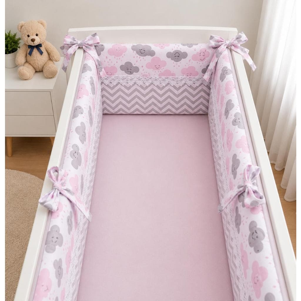 Kit Para Mini Berço  Nuvens Chuva de Bençãos - Rosa e Cinza  3 peças  Kit de Mini Berço  Bebê Menina