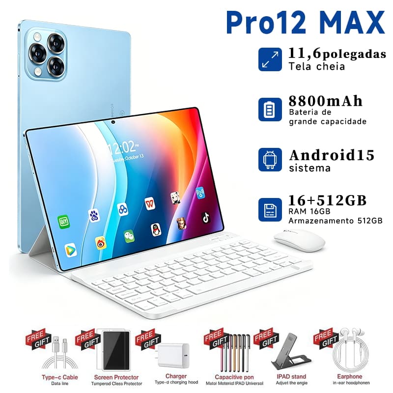 Galaxy Tablet Pro12 MAX 11.6" Full HD Android 15 16GB+512GB 8800mAh Bateria Grande Câmera 48MP + 24MP Bluetooth MTK6799
