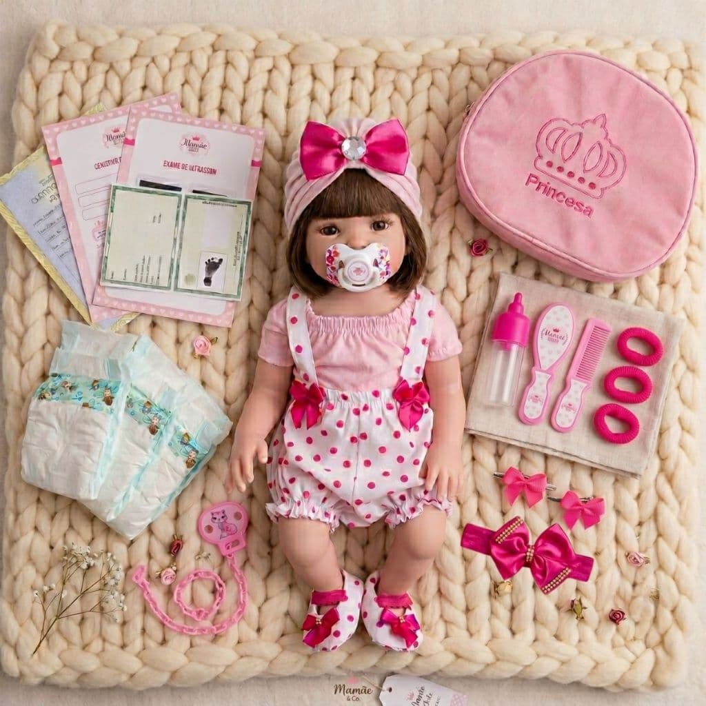 Kit Boneca Bebê Reborn 48cm Vinil Siliconado Com Bolsa Fraldas Mamadeira Chupeta E Acessórios