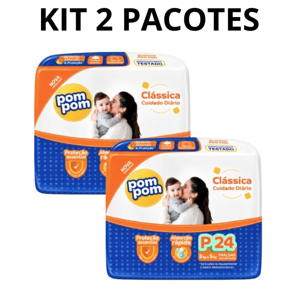 Kit 2 Fraldas Descartáveis Pom Pom Clássica Jumbo Tamanho P com 24