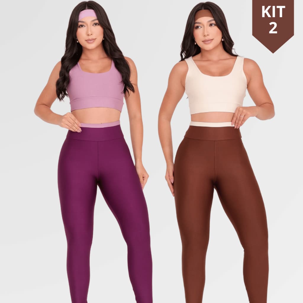 Kit 2 Conjuntos Roupa de Academia Feminina Fitness Bicolor Top Reforçado e Calça Legging