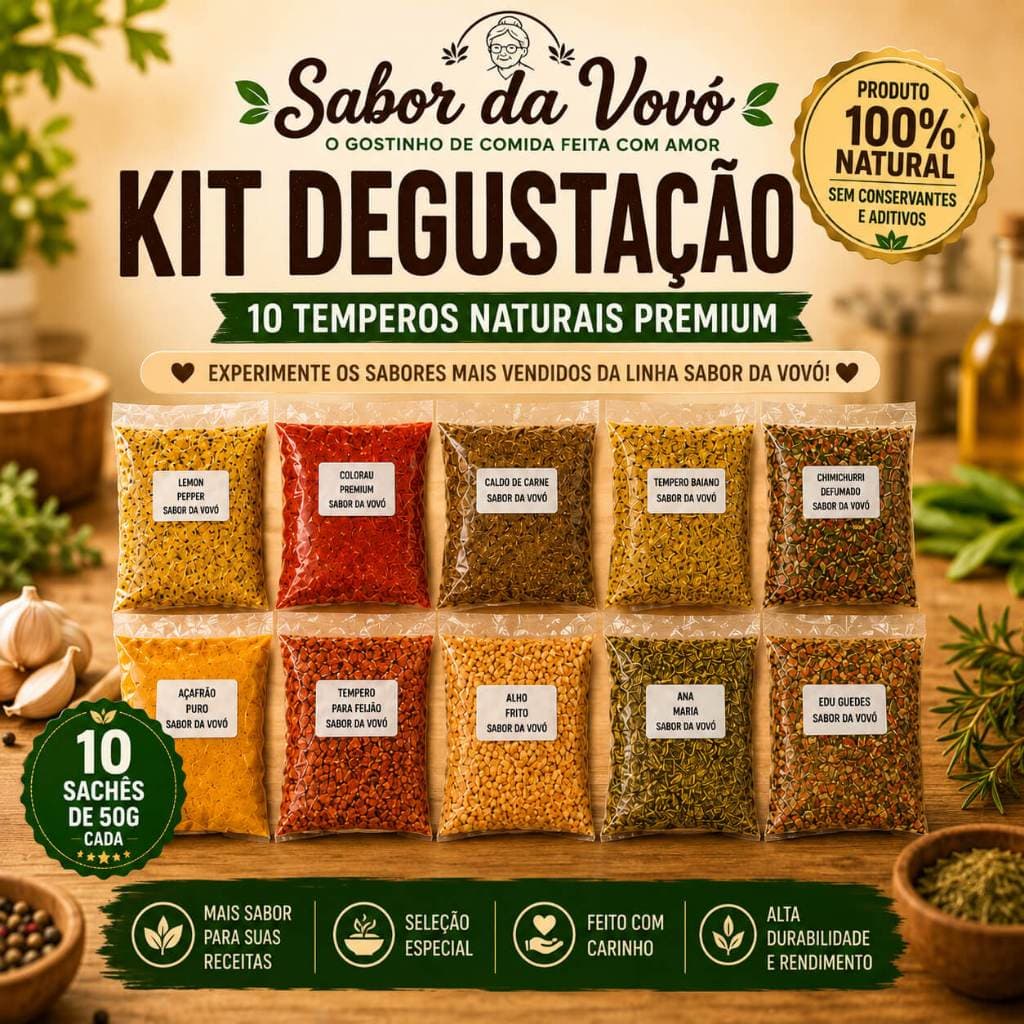 Kit Degustação 10 Temperos Naturais 50g Premium | Sem Conservantes | Tempero para Arroz, Feijão, Carnes e Frango