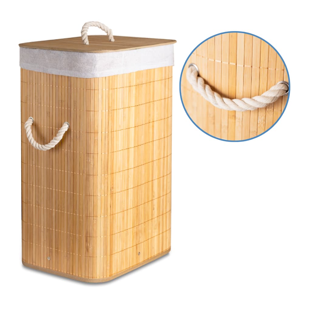 Cesto Roupa Suja Bambu Grande Quadrado Dobrável 72L Com Tampa Organizador Lavanderia Banheiro Quarto