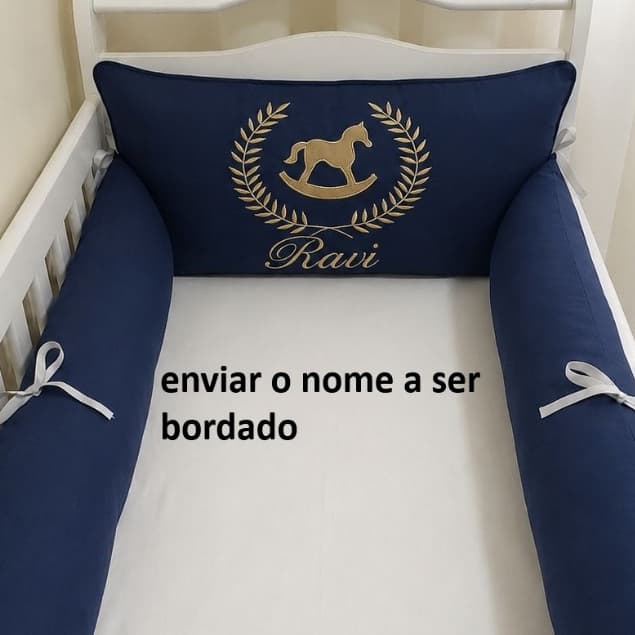 KIT 3 PEÇAS PARA BERÇO BEBÊ - LISO MARINHO BORDADO TRIGO CAVALINHO -PERSONALIZADO C NOME DO SEU BEBÊ