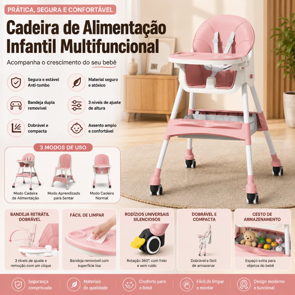 Cadeira de alimentação dobrável e multifuncional para bebês