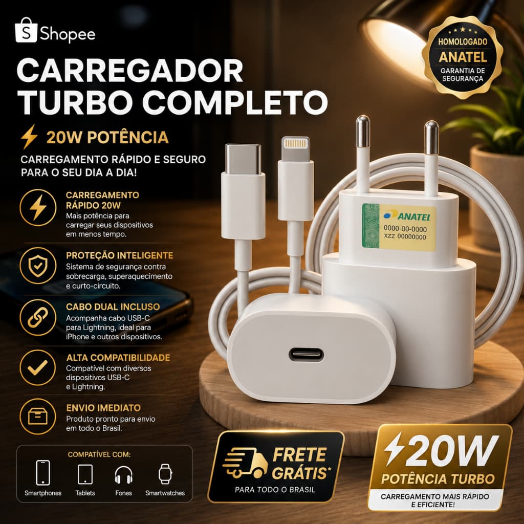 KIT Carregador Iphone Cabo + Fonte USB - C Lightning Turbo 20W Serie 8 11 12 13 14 Envio Imediato