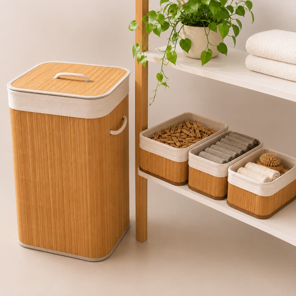 Cesto de Roupa Bambu + Cestos Organizadores 3 ou 4 Peças Bambu Lavanderia Quarto Banheiro Brinquedos