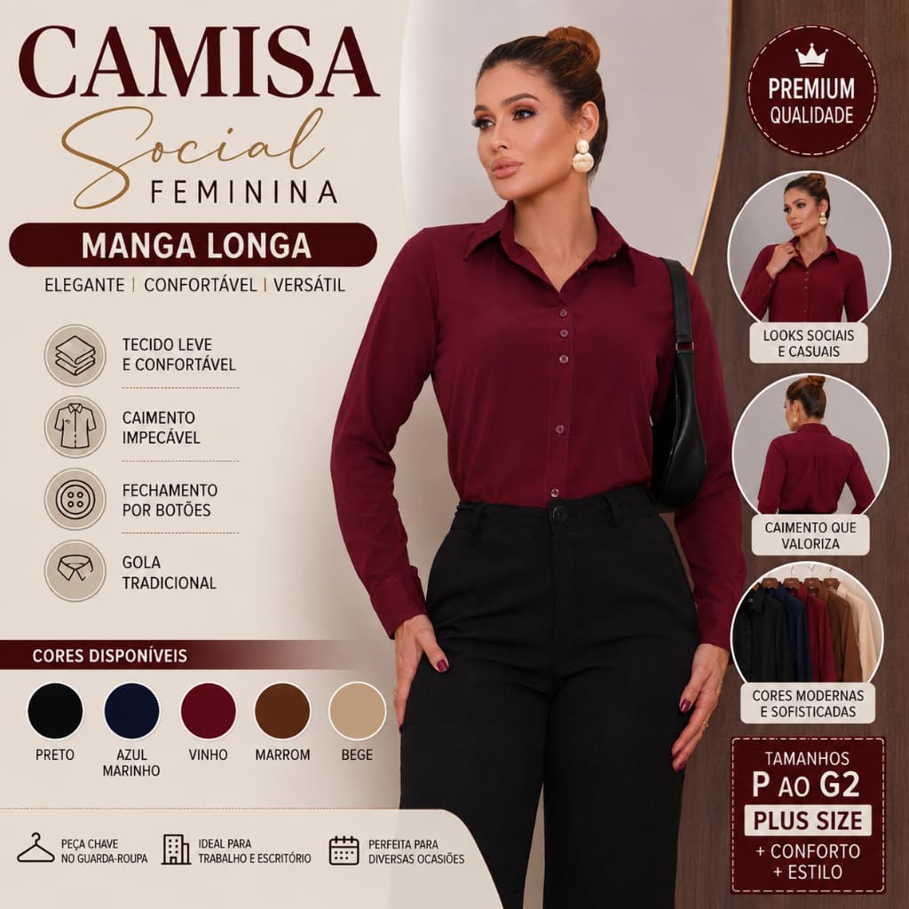 Camisa Social Feminina Manga Longa Elegante Premium Trabalho Escritório Gola Colarinho