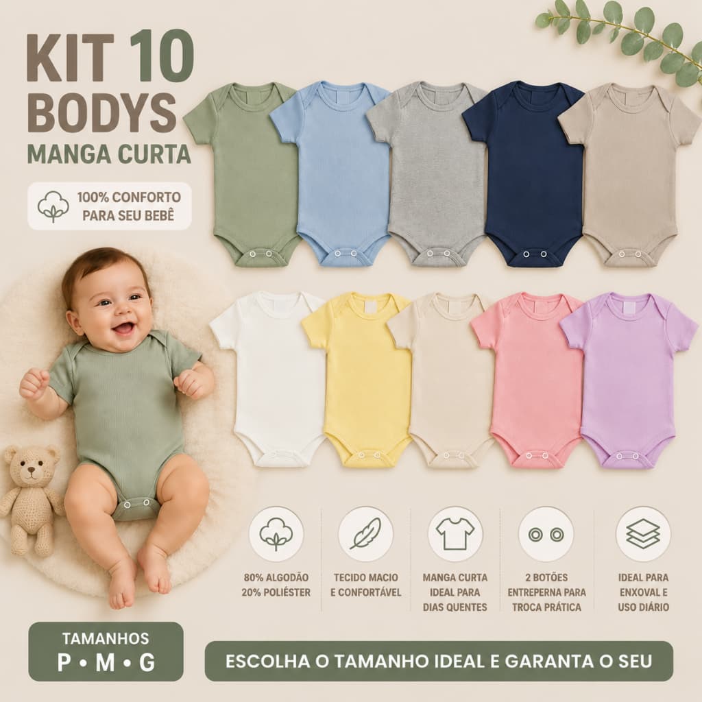 Kit 10 Peças Body Bebê Manga Curta Canelado Body Infantil Menino Menina Roupa de Bebê Confortável
