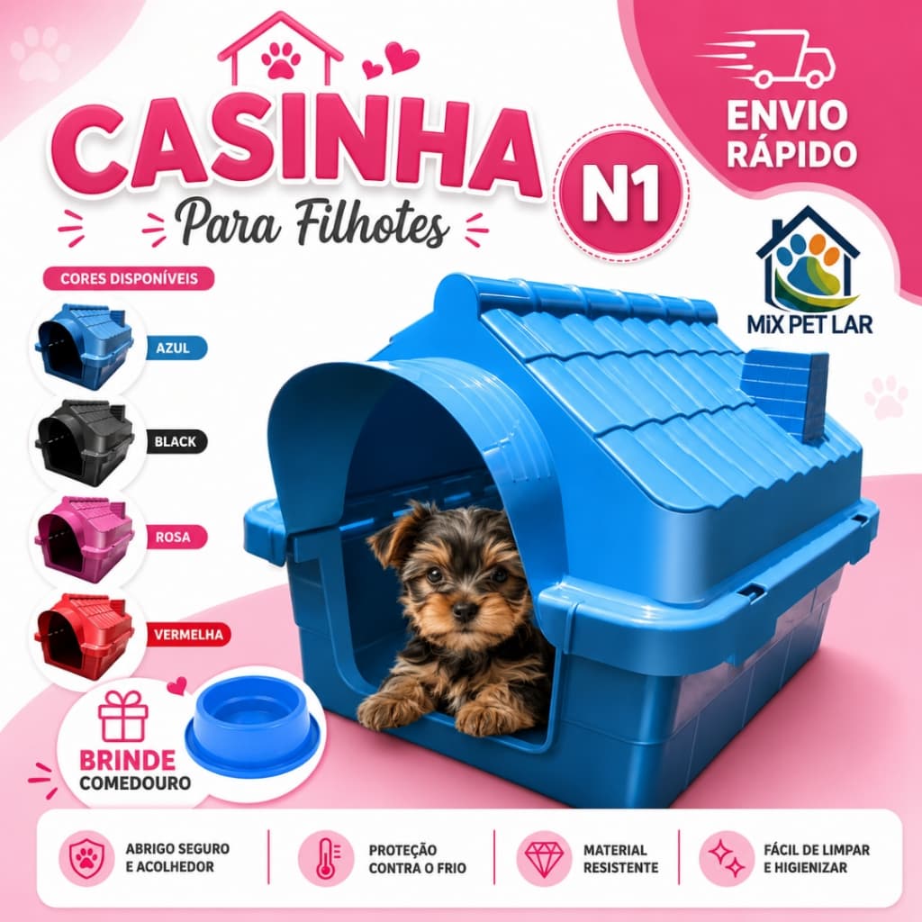 CASINHA CACHORRO RINOPET N1 PARA FILHOTES PORTE MINI CÃES GATOS RESISTENTE LAVÁVEL + COMEDOURO