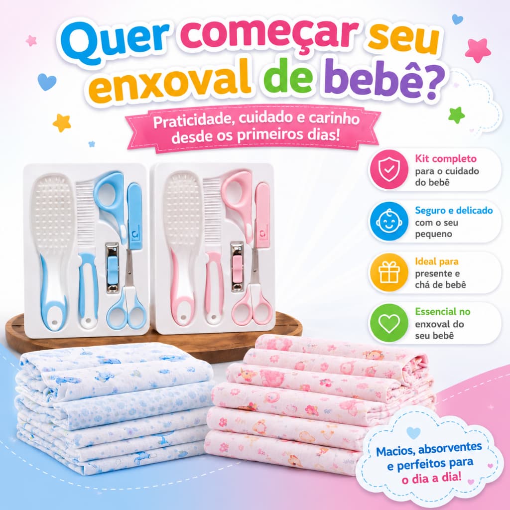 Enxoval para Bebê com Cueiros + Kit Higiene Bebê | Escova, Pente, Tesoura e Cortador