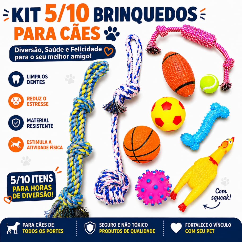Kit 5 ou 10 Brinquedos para Cachorro Mordedores Interativos com Corda e Bolas Antiestresse