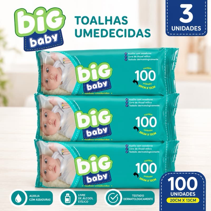 Kit 3 Toalhas Umedecidas Big Baby 100 Unidades Lenço Umedecido Bebê Sem Álcool Higiene Infantil