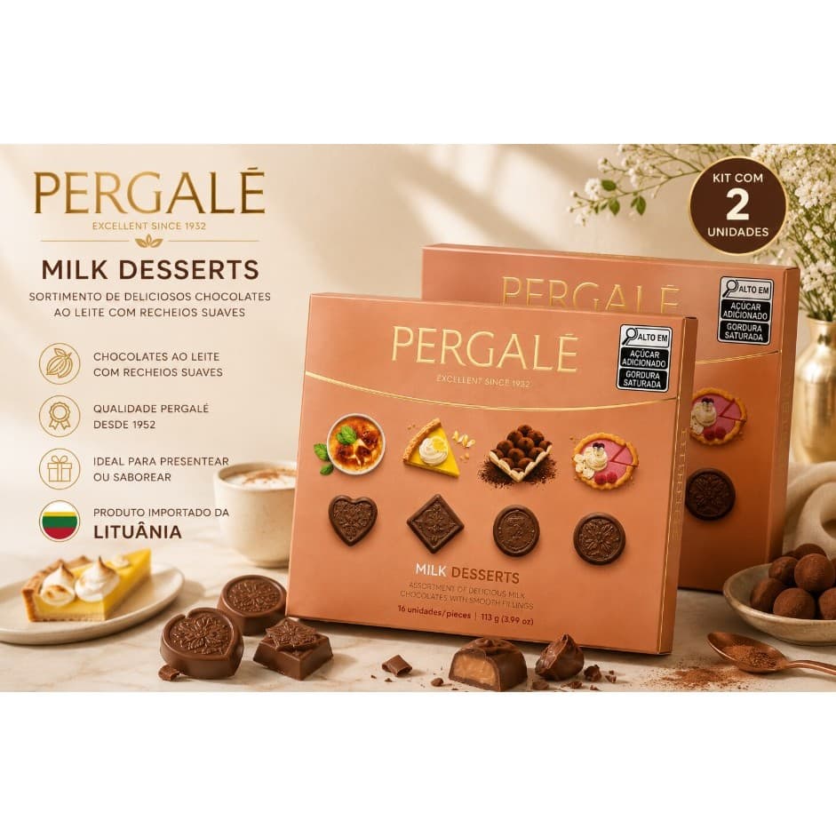 Kit 2 Chocolates Importados Pergalė Milk Desserts 113g Lituânia Original