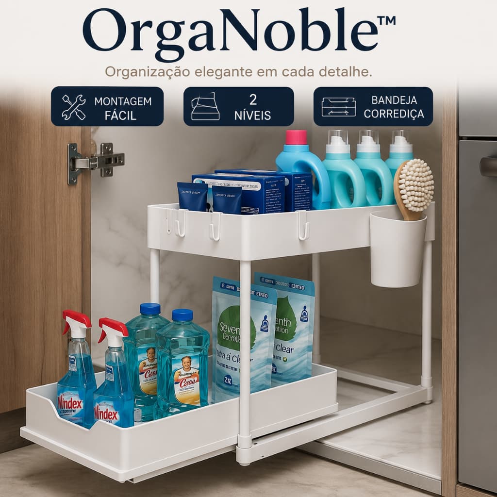 Organizador Multiuso 2 Níveis com Bandeja Corrediça OrgaNoble™ para Cozinha, Banheiro e Lavanderia