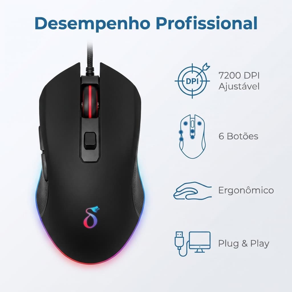 Mouse Gamer USB com RGB LED 7200 DPI Ajustável 6 Botões Ergonômico para Computador e Notebook