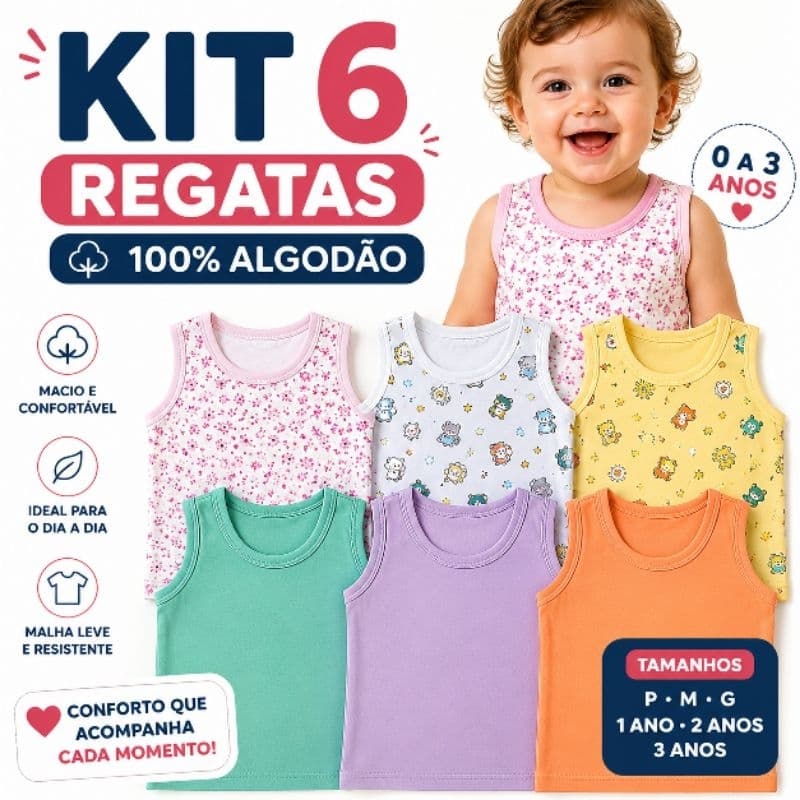 Kit 6 Regatas Bebê Infantil Lisa e Estampada Menino Menina 100% Algodão 0 a 3 Anos