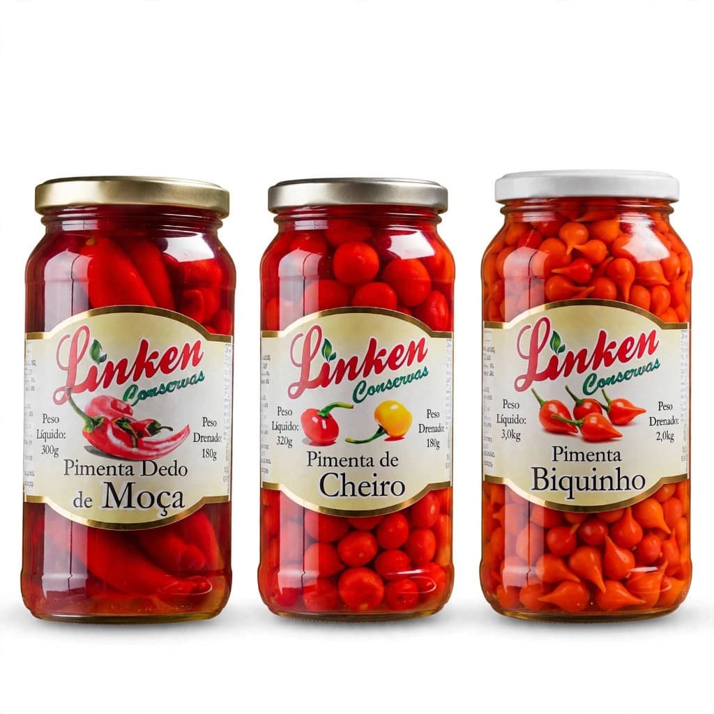 Kit 3 Pimentas Em Conserva Linken Biquinho, De Cheiro E Dedo De Moça 180g Cada Artesanal Para Petiscos E Churrasco