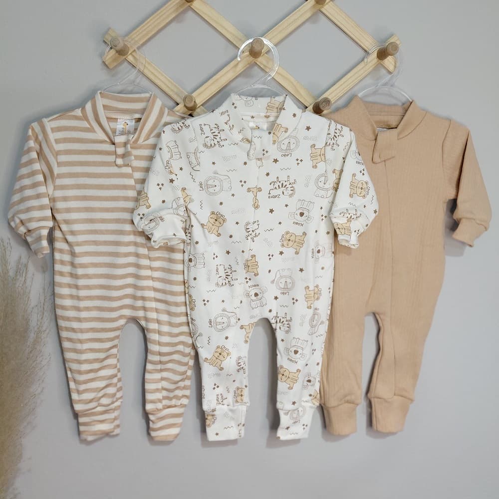 Kit Lote 3 Macacão Bebê Suedine 100% Algodão com Zíper Bege | Neutro Menino Menina | Giralika