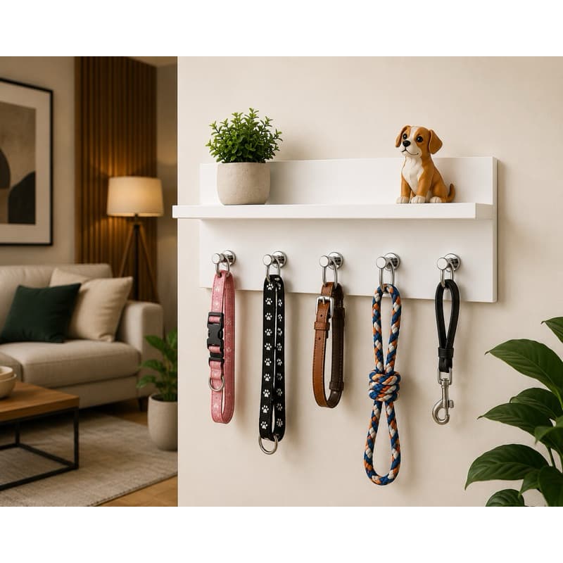 Porta Coleiras Pet de Parede com Prateleira | Organizador para Coleiras, Guias e Acessórios em MDF Branco