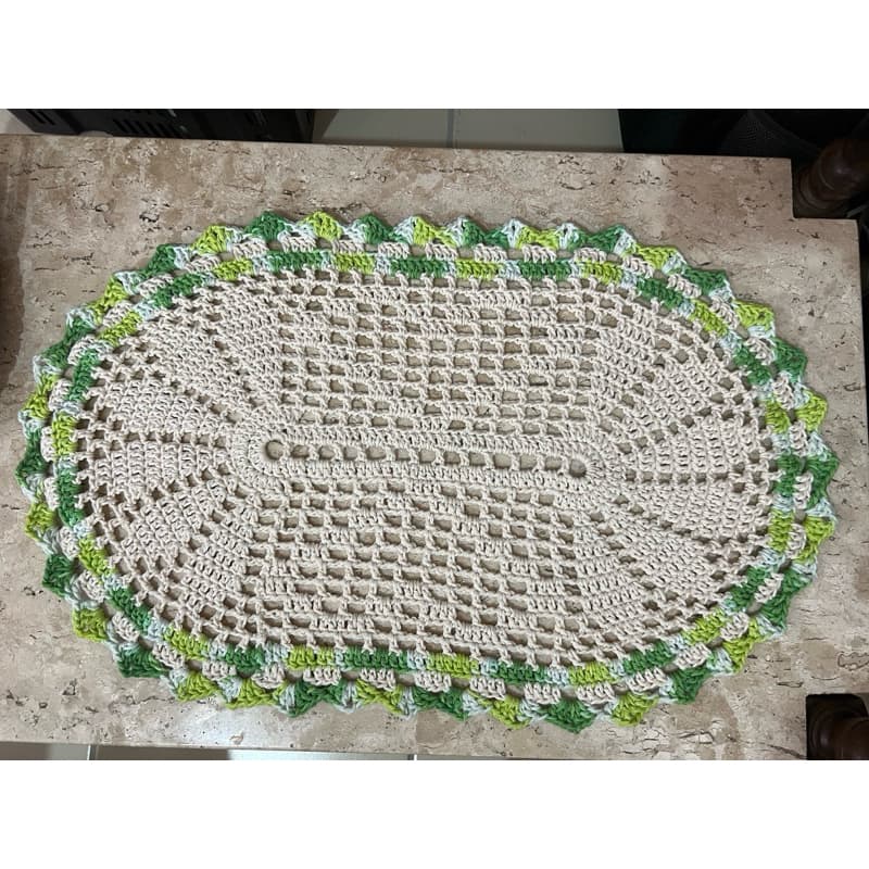 Tapete de Crochê Oval Feito à Mão Cru com Bico Verde Mesclado Barbante para Banheiro Quarto Sala Artesanal