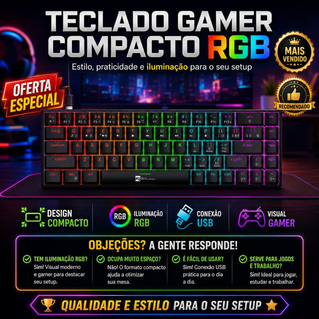 Teclado Gamer Mecânico 60% RGB ABNT2 (Ç) Profissional Compacto Iluminação Ajustável alta performace