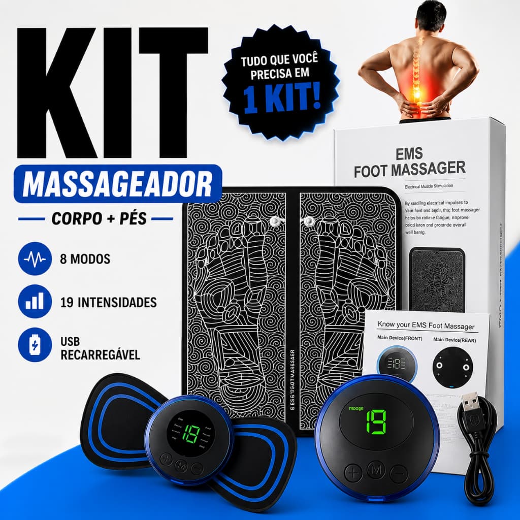 Kit Massageador Elétrico EMS Portátil + Tapete Massageador Recarregável USB Alívio Muscular 8 Modos 19 Intensidades