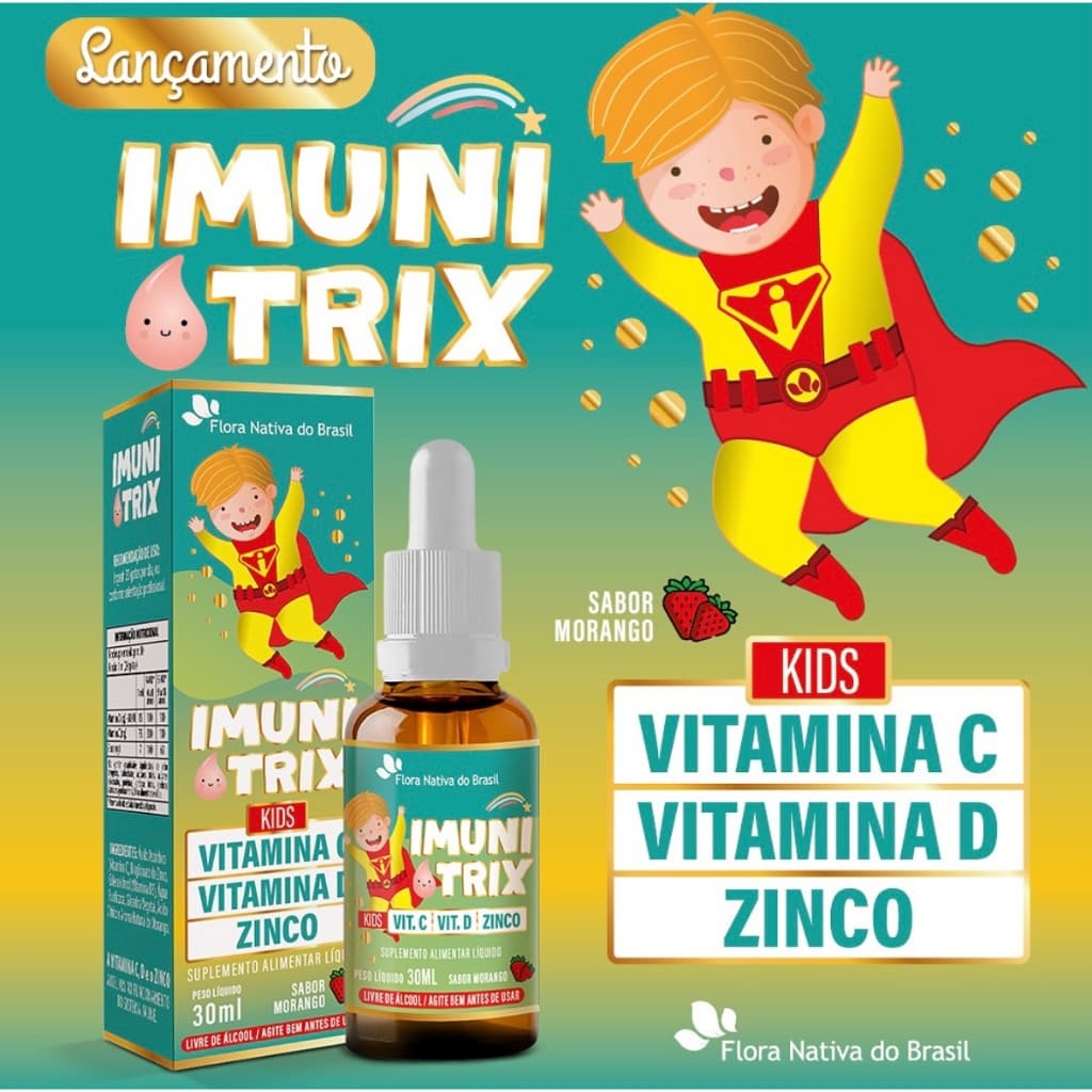 Imunitrix Kids (Vitamina C + Vitamina D3 + Zinco) 30ml Sabor Morango – Suplemento Alimentar Líquido Infantil
