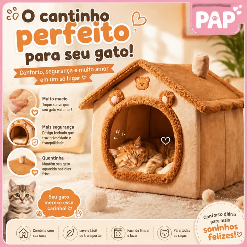Cama de luxo para animais de estimação em forma de casinha com ursinho   Adequada para cães e gatos