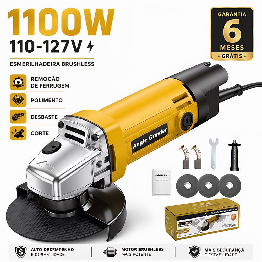 Kit Esmerilhadeira Angular Elétrica 1100W 110-127V/220V com Acessórios para Corte e Acabamento 115mm