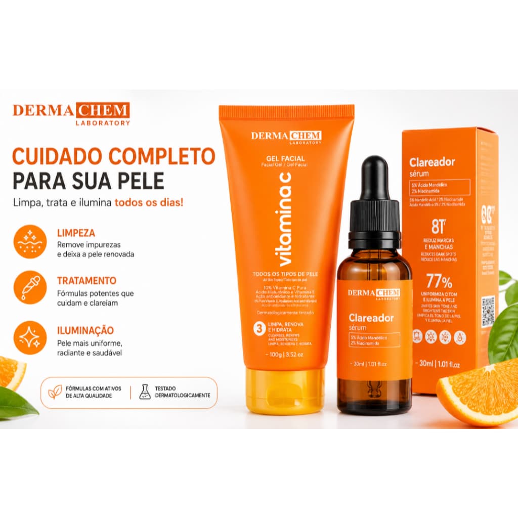 Dermachem Kit Serum Clareador Gel Anti-Idade Vitamina C Hidrata Clareamento Firmeza Uniformidade