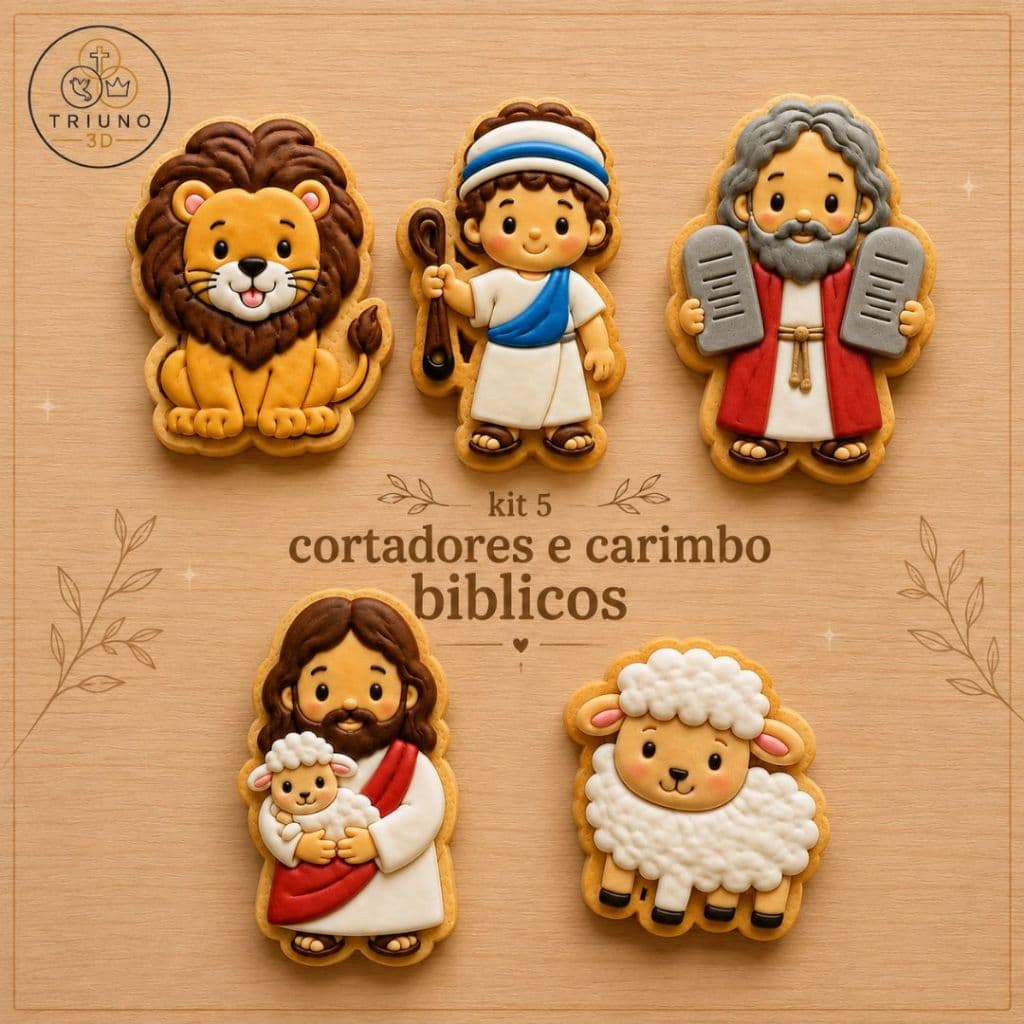 Kit 5 Cortadores Bíblicos com Carimbo 3D | Jesus, Moisés, Davi, Ovelha e Leão | Biscoito, Biscuit e Massinha de modelar