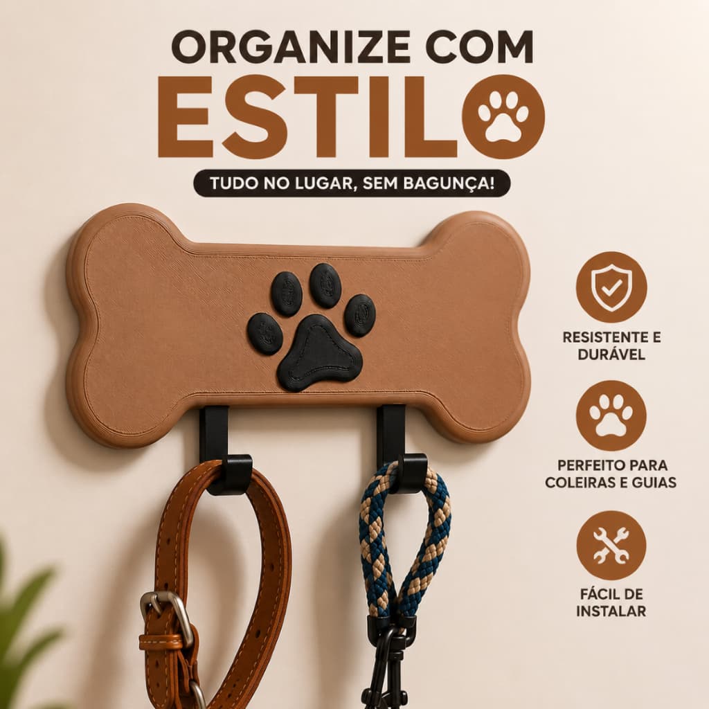 Porta Coleira Cachorro Organizador de Parede Suporte para Guia e Acessórios Pet com 2 Ganchos