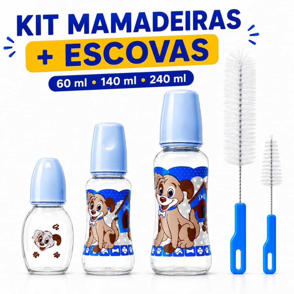Kit 3 Mamadeiras Premium com Escovas de Limpeza Para Bebê