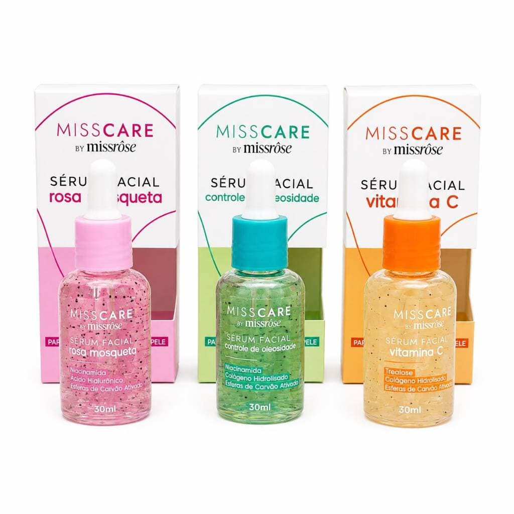 kit 3 Séruns Faciais 30ml – Vitamina C + Rosa Mosqueta + Controle de Oleosidade com carvão ativado