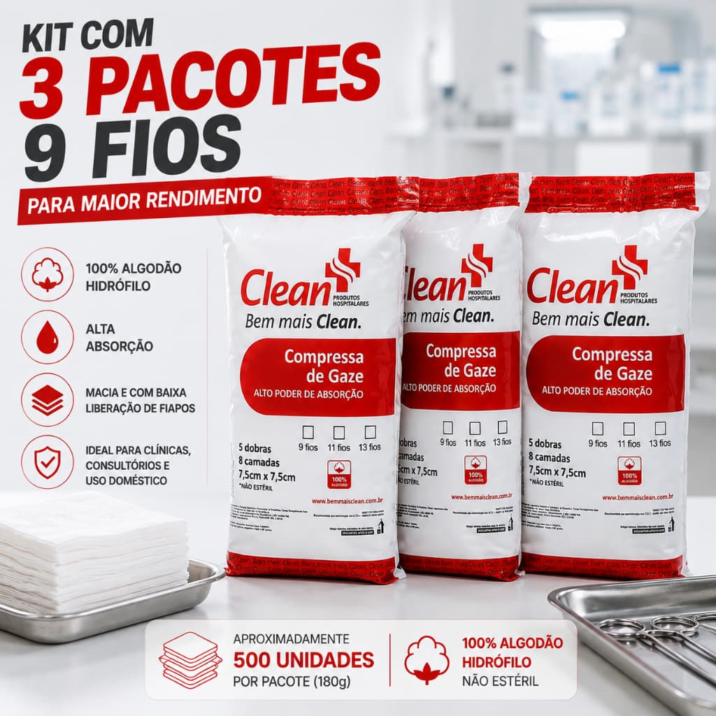 Kit 3x Compressa Gaze 9 Fios Hidrófila Curativo 1500un ou 540g