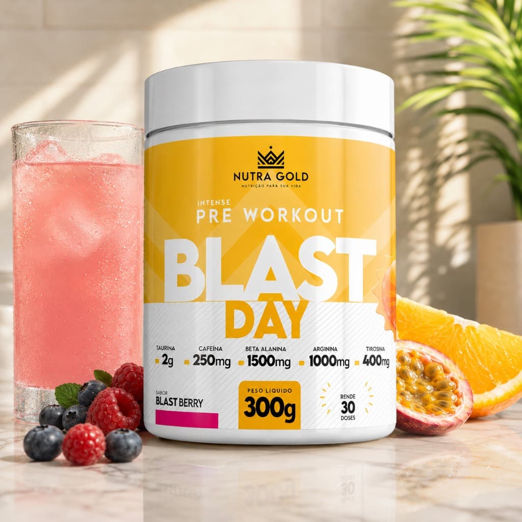 PRÉ TREINO BLAST DAY NUTRA GOLD DIURNO PÓ 300 GR SABOR BLAST BERRY CAFEÍNA ALTA PERFORMANCE ACADEMIA