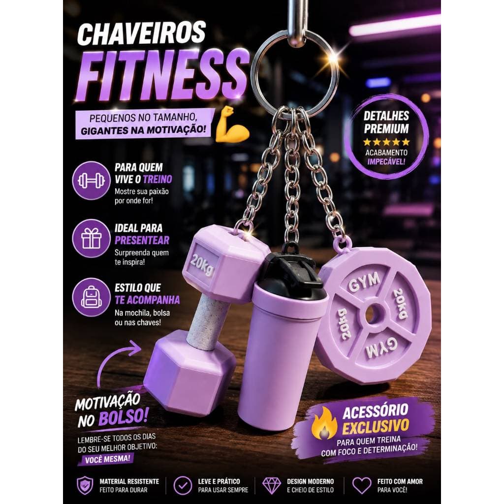 Kit 3 Chaveiros Academia Fitness Halter Disco Coqueteleira Maromba Miniatura Unissex